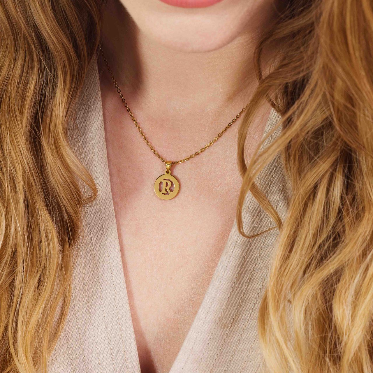 Stainless steel goldplated ketting met letterhanger R voor dames