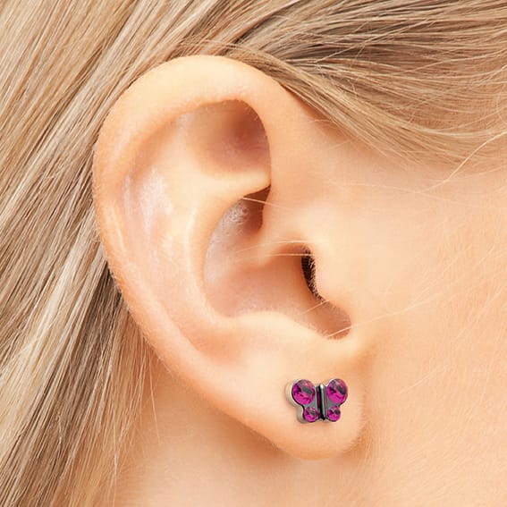 Studex medizinische Ohrringe aus Edelstahl, Schmetterling, Rosa, Kristall