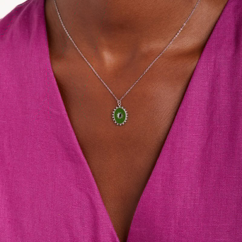 Stainless steel ketting met groene ovale munt