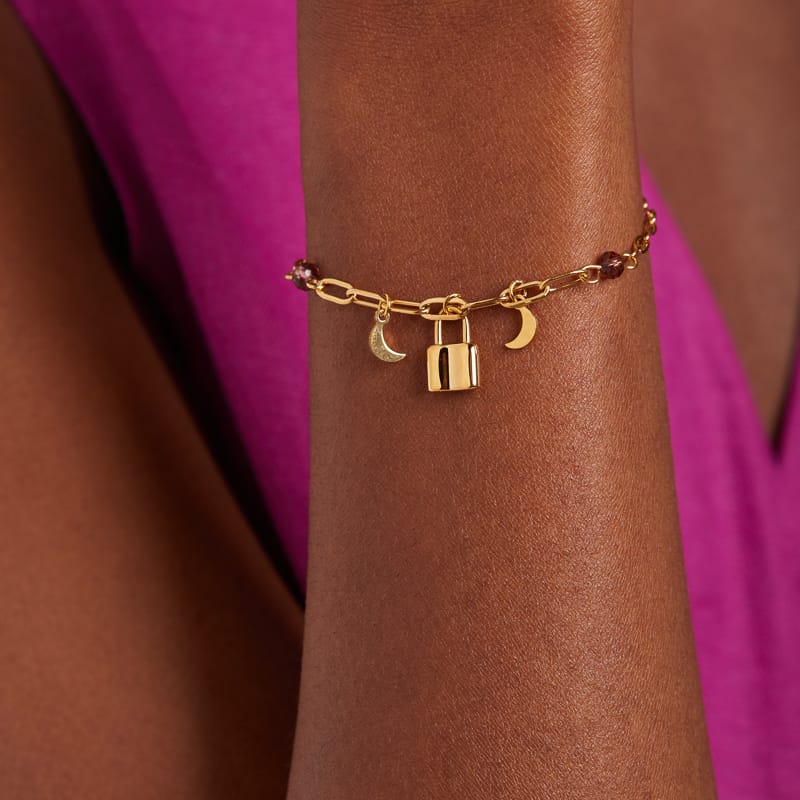 Stalen goldplated fantasiearmband met hanger met slotje en maan voor dames