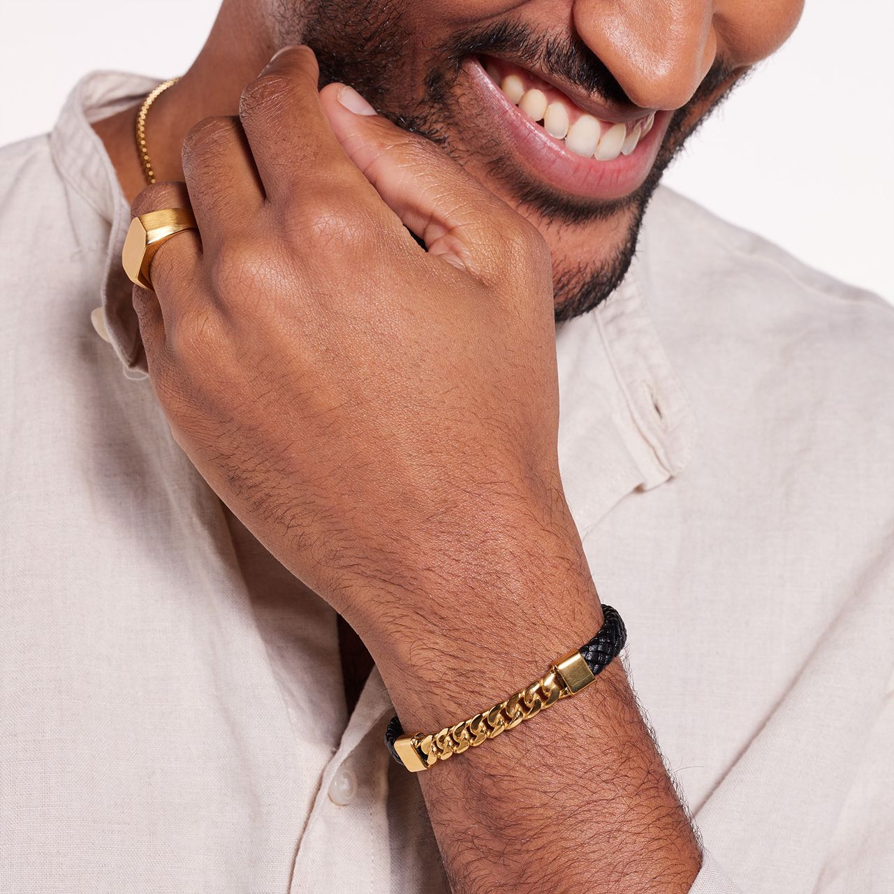 Gerecycleerd stainless steel goldplated armband leer met schakels
