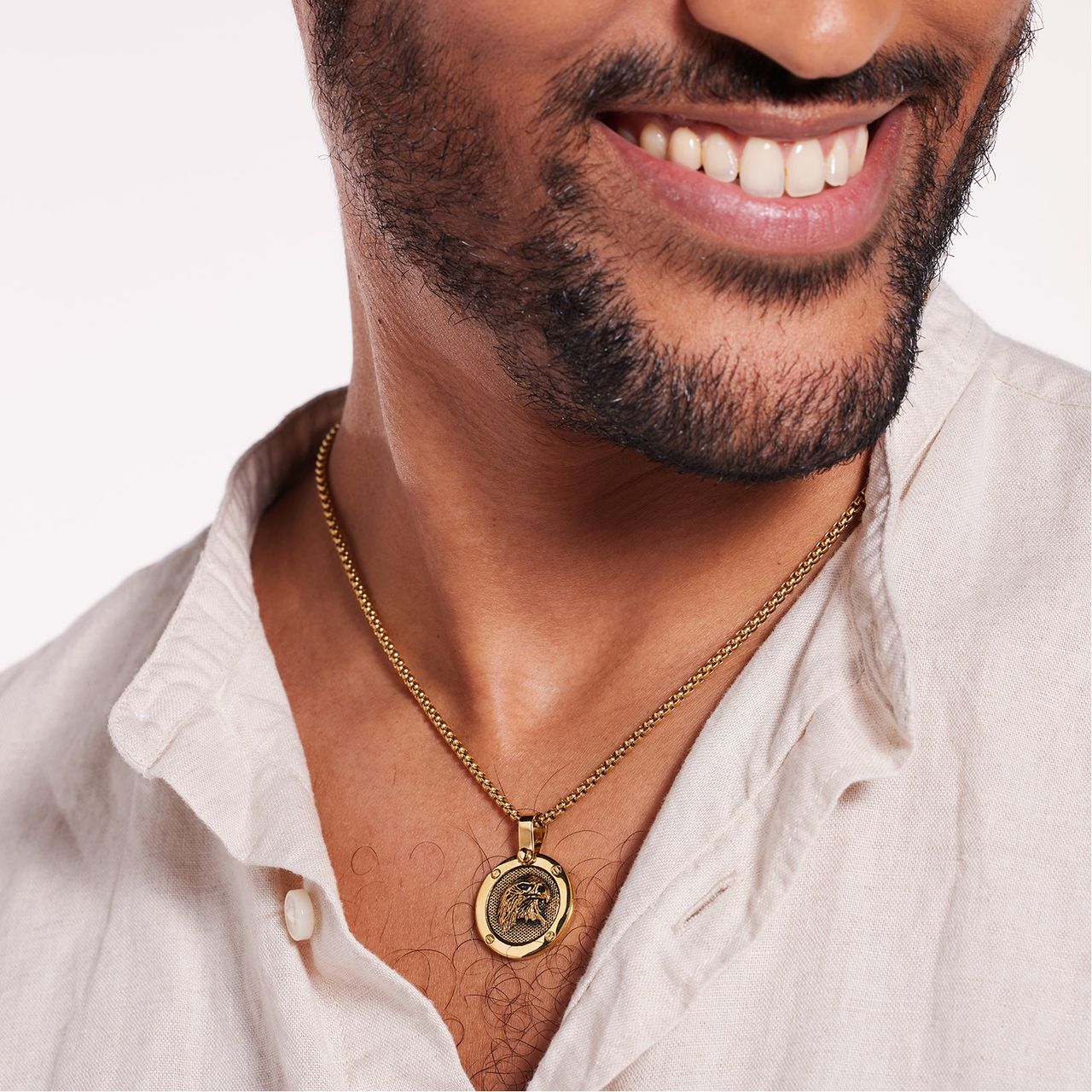 Gerecycled stainless steel goldplated ketting met munt adelaar voor heren
