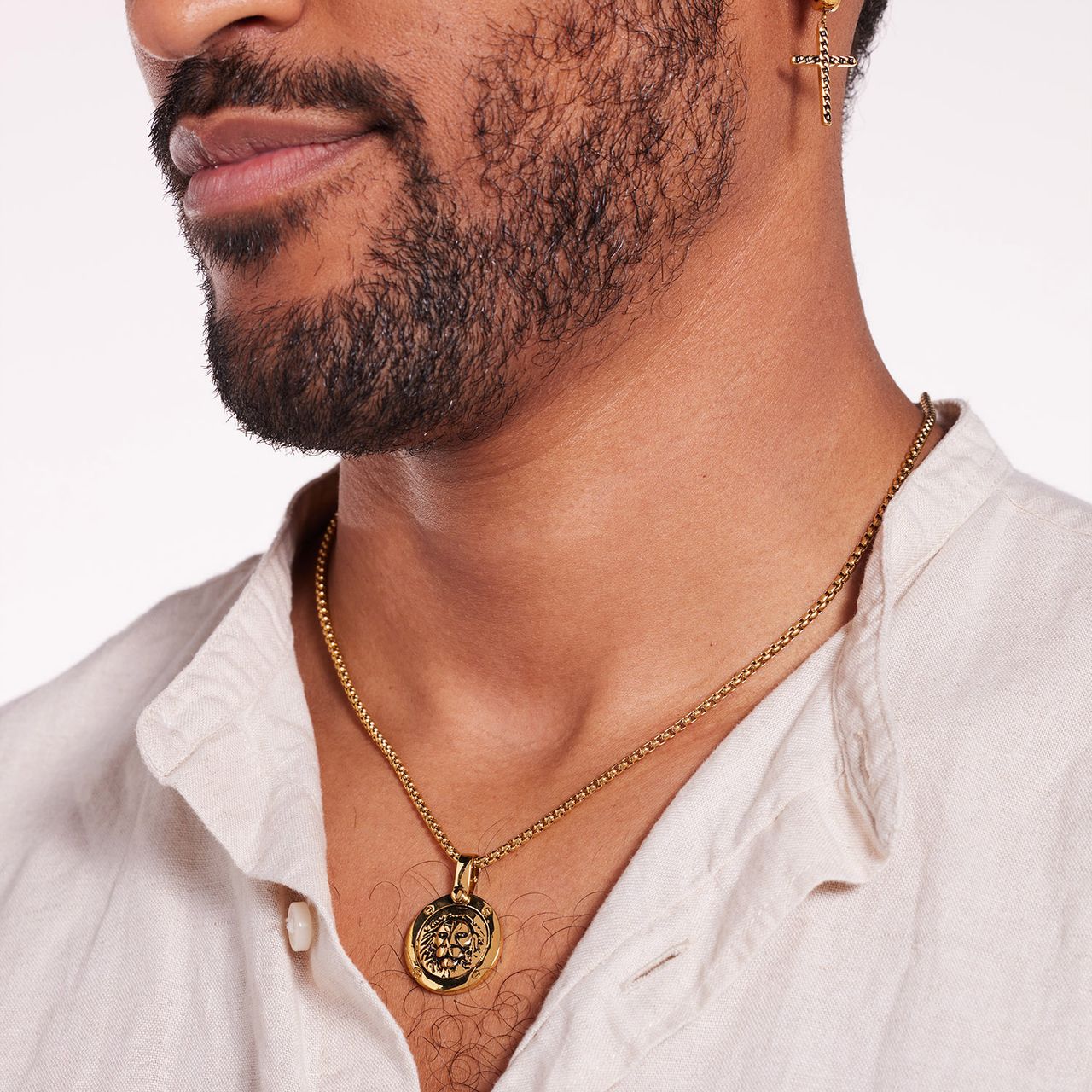 Gerecycled stainless steel goldplated ketting met munt leeuw voor heren