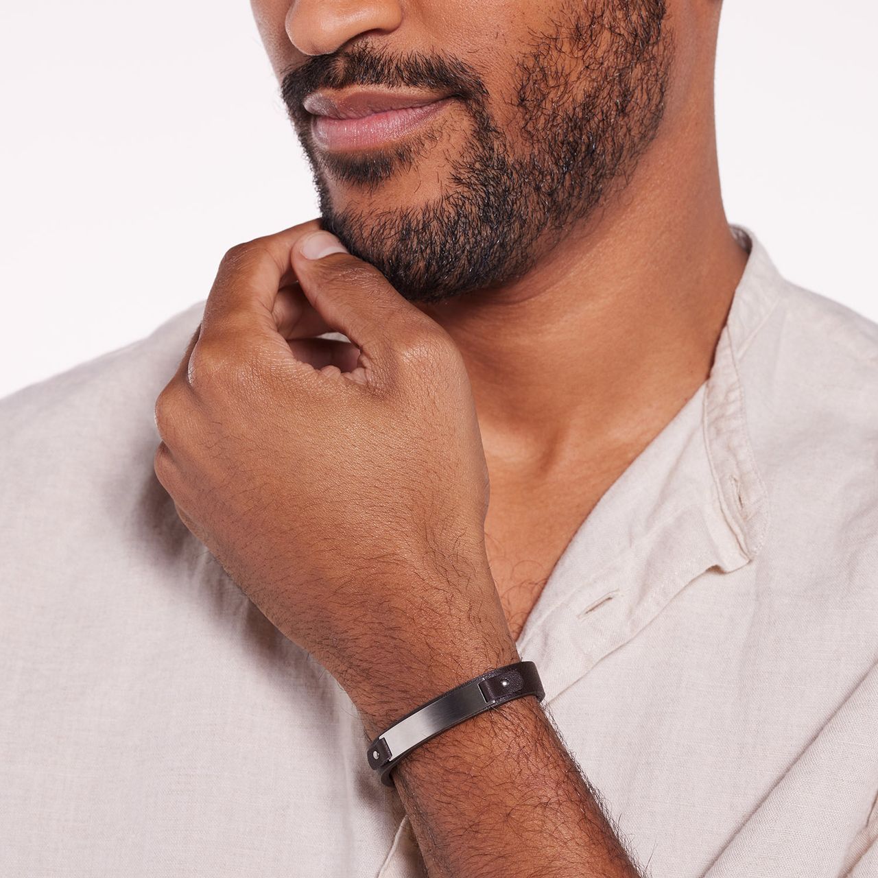 Gerecycled stainless steel armband leer bruin