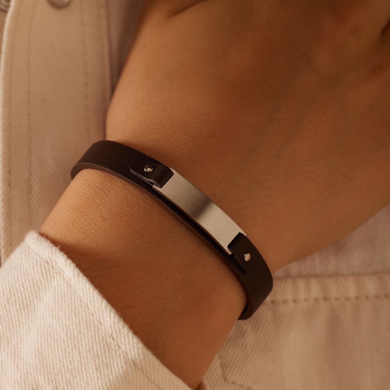 Gerecycleerd stalen jongens armband leer bruin