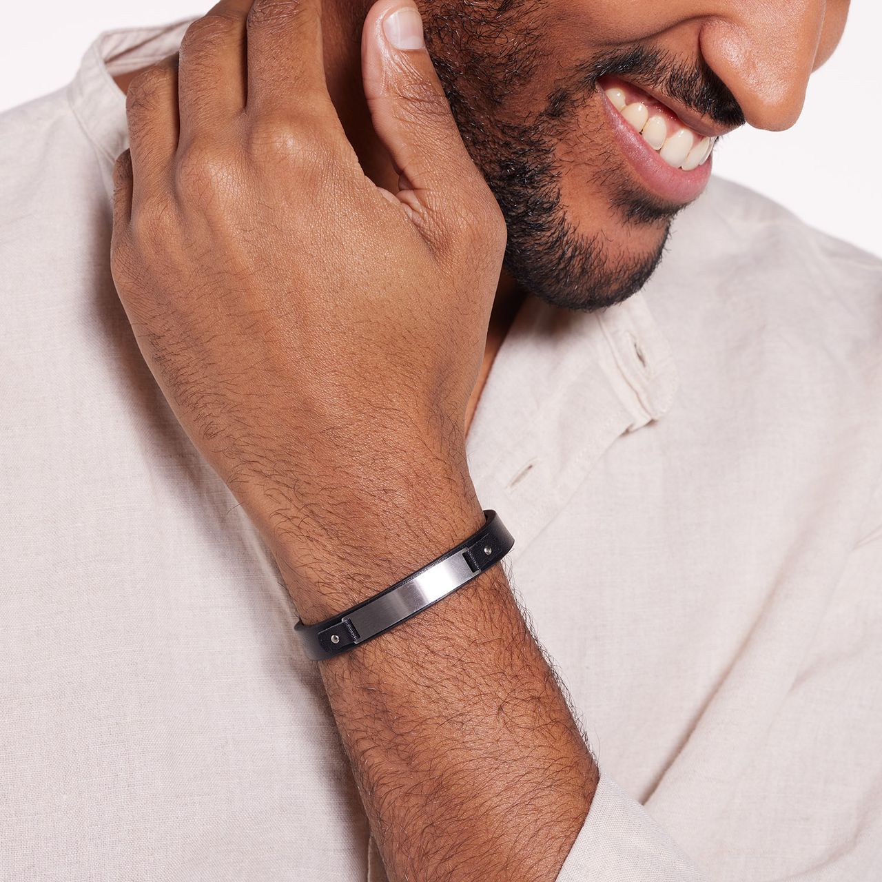 Gerecycled stainless steel armband leer zwart