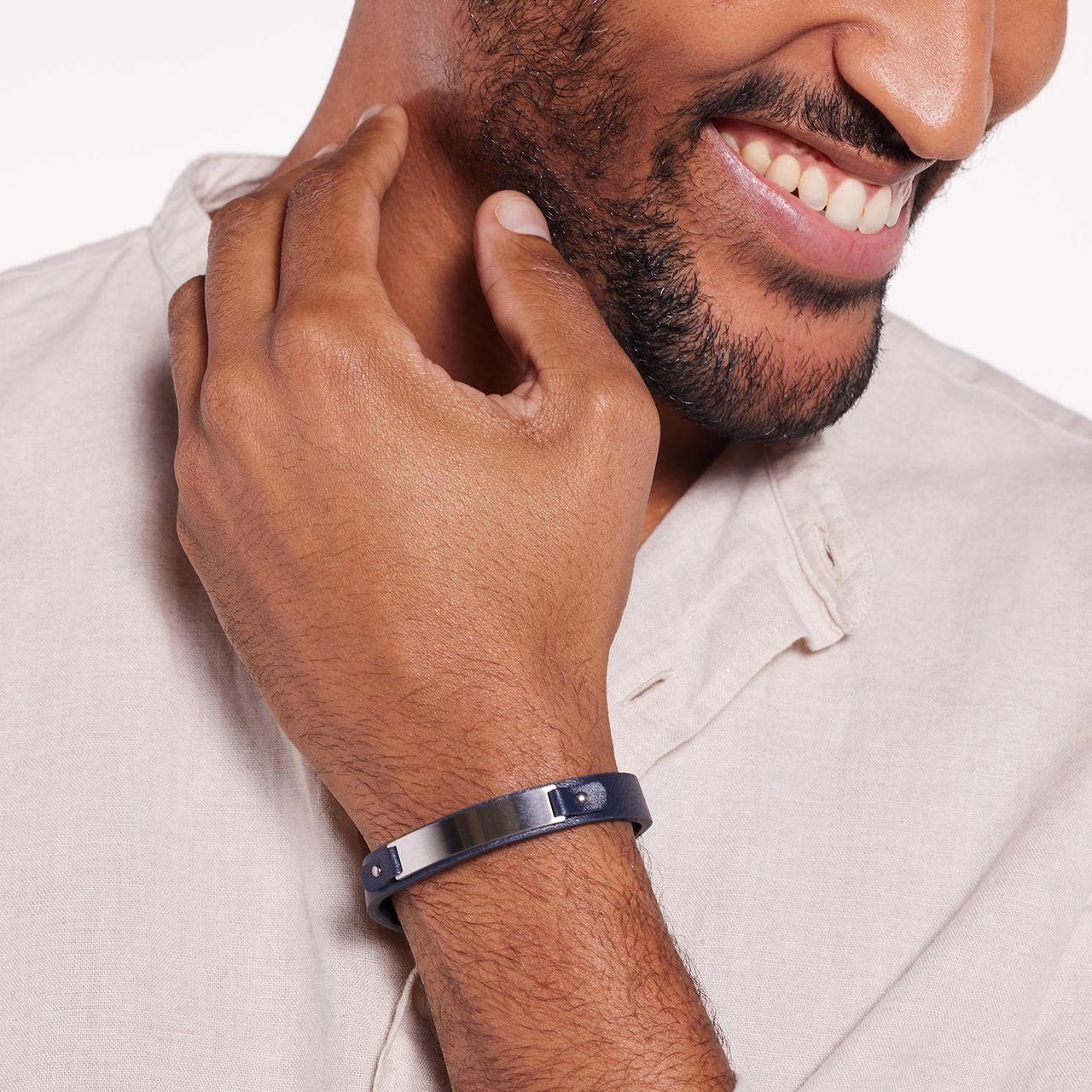 Gerecycled stainless steel armband leer donkerblauw