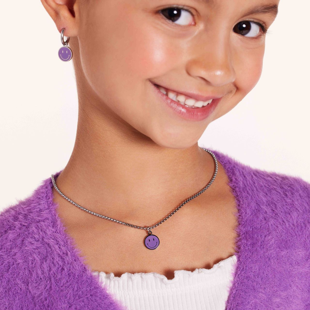 Stalen ketting met smiley paars