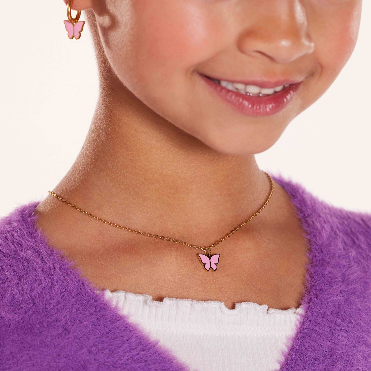 Little Miss Fabulous stalen goldplated ketting met vlinder roze