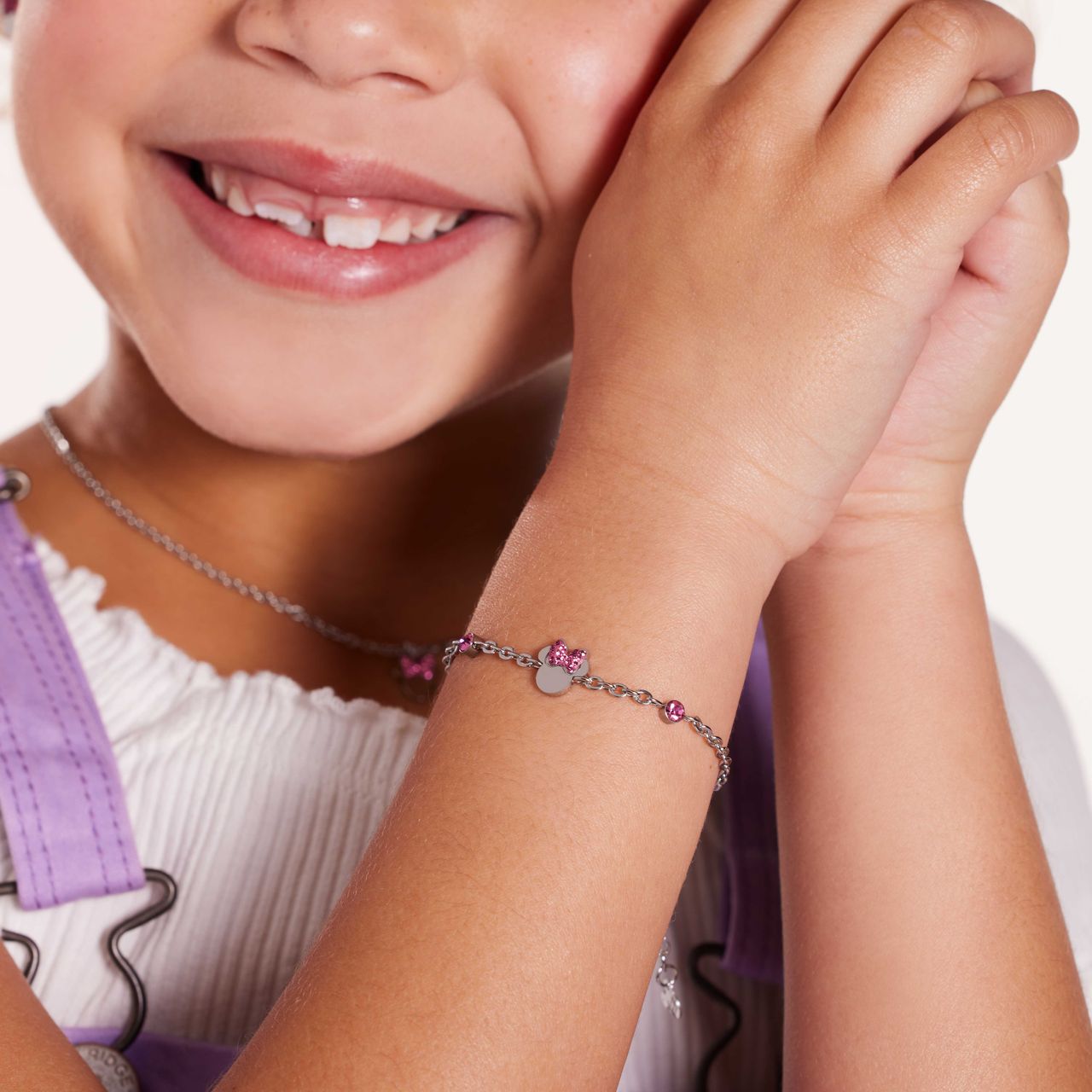 Stainless steel armband Minnie Mouse met roze kristal