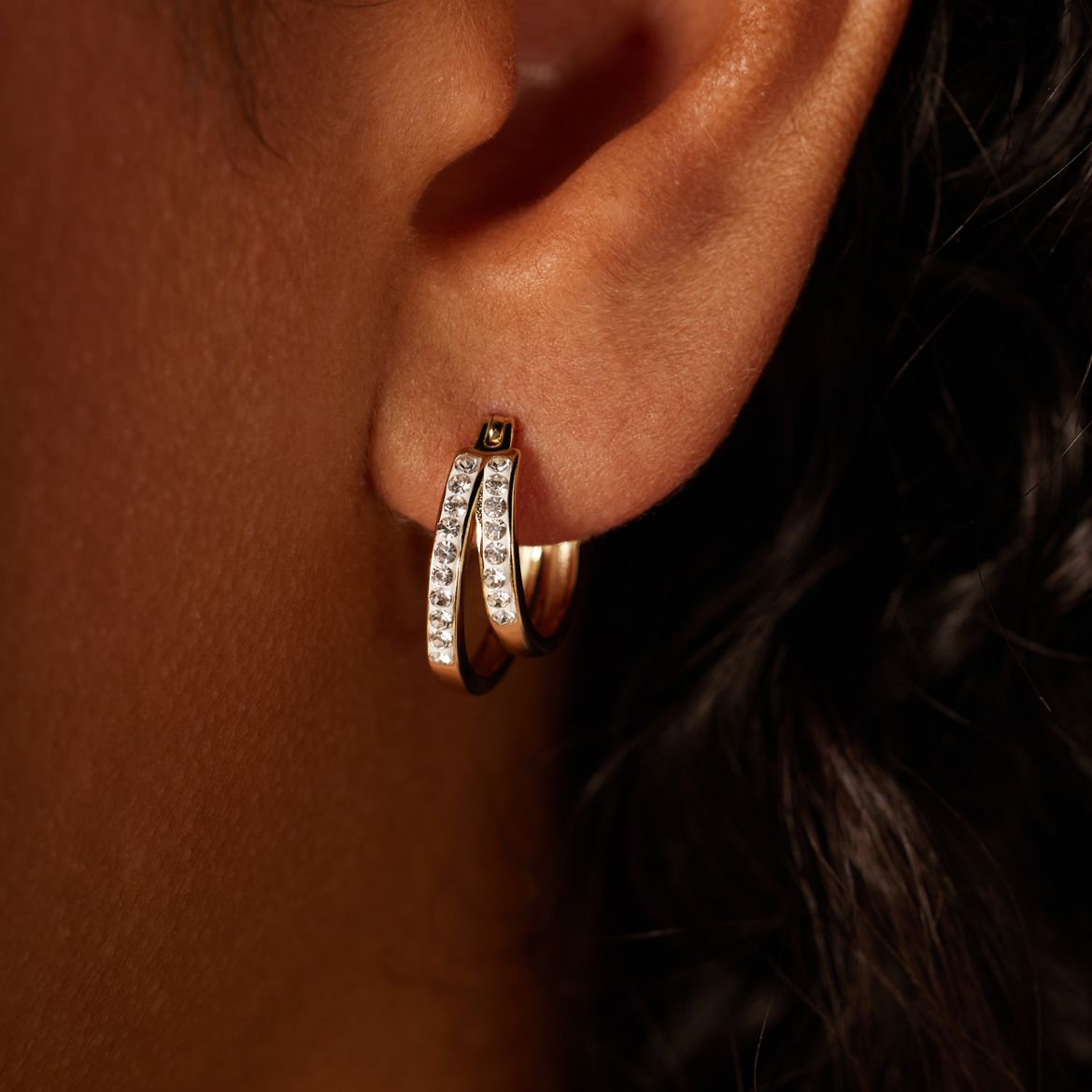 Zilveren goldplated oorringen dubbel kristal voor dames