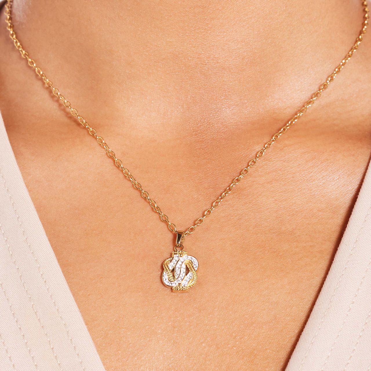 Gerecycled stainless steel goldplated collier mattenklopper kristal
