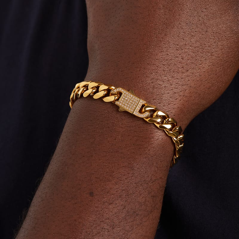 Stalen goldplated herenschakelarmband met zirkonia