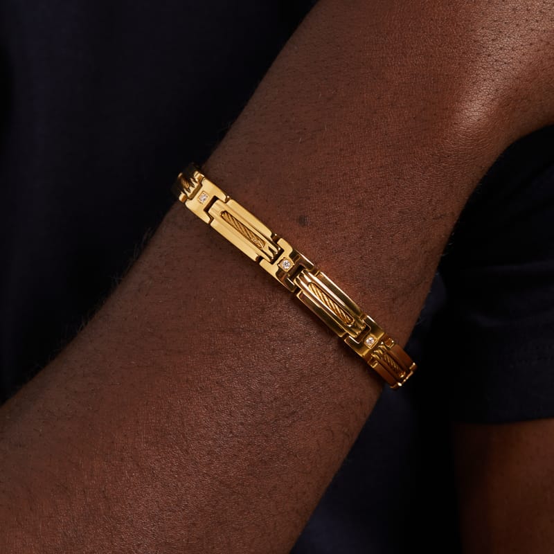 Stalen goldplated herenschakelarmband met zirkonia