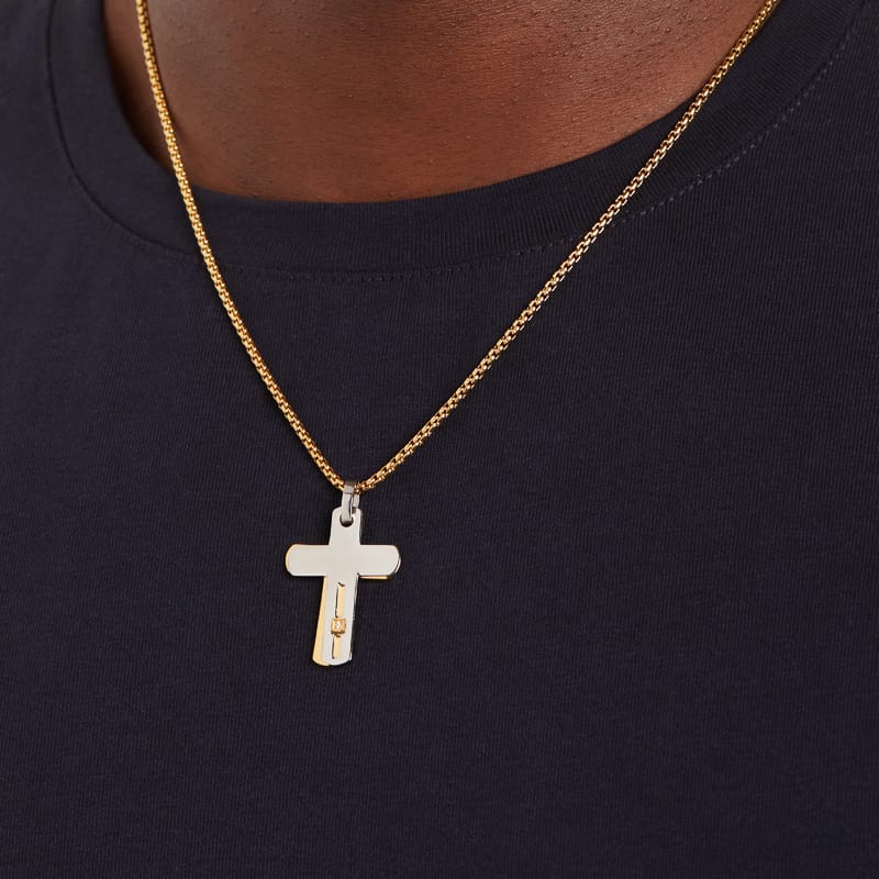 Gerecyled stainless steel goldplated ketting kruis voor heren