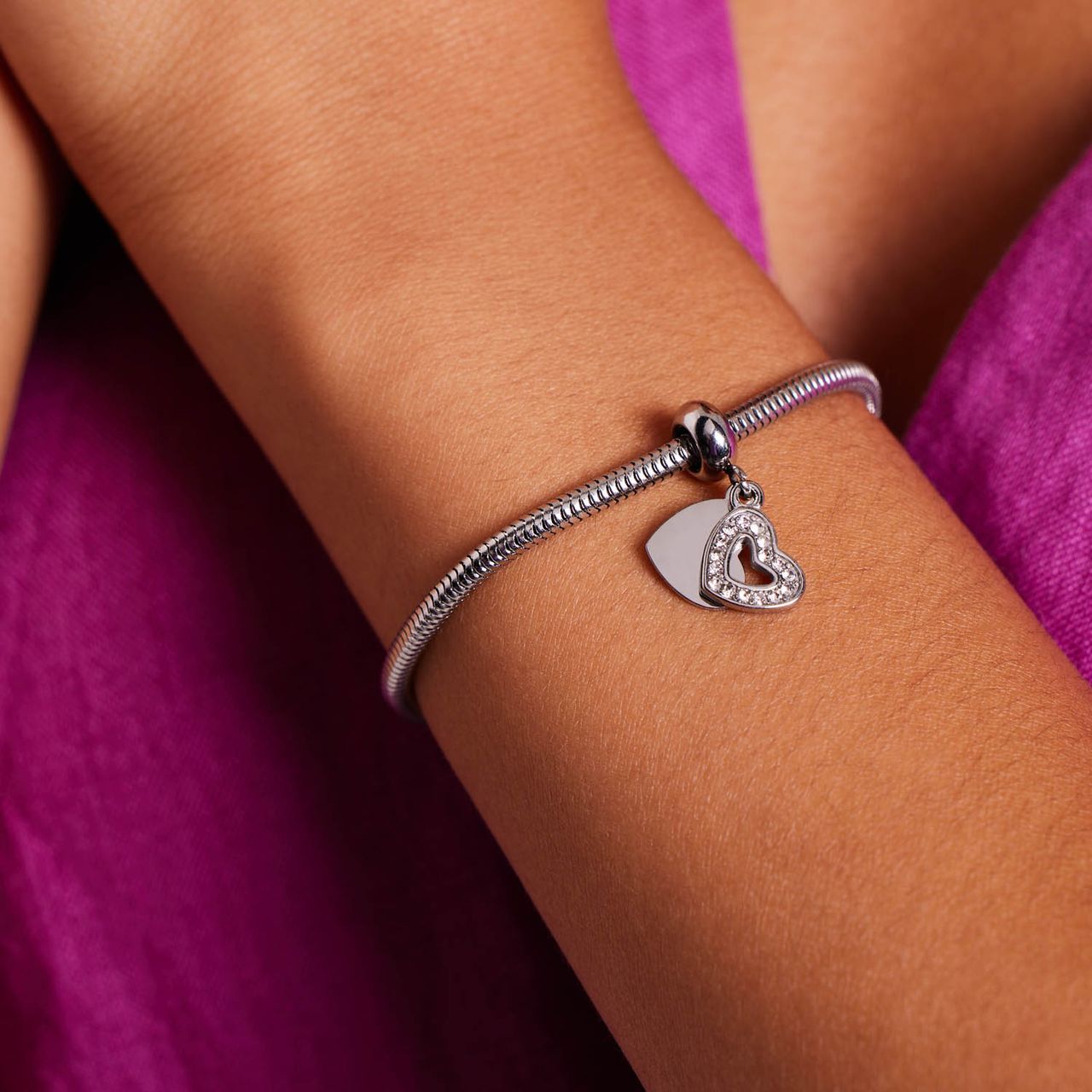 Charm, Edelstahl, 2 Herzen mit Zirkonia