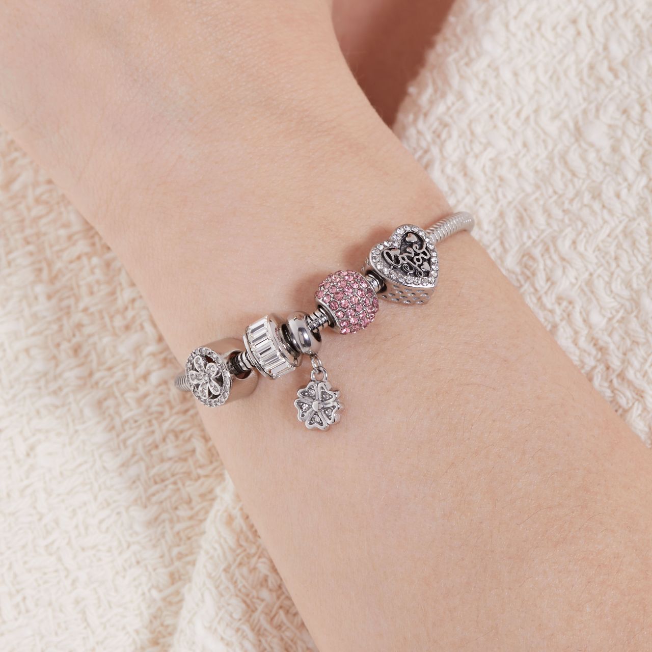 Bettelarmband-Anhänger aus Edelstahl, Kugel mit rosafarbenen Zirkonia