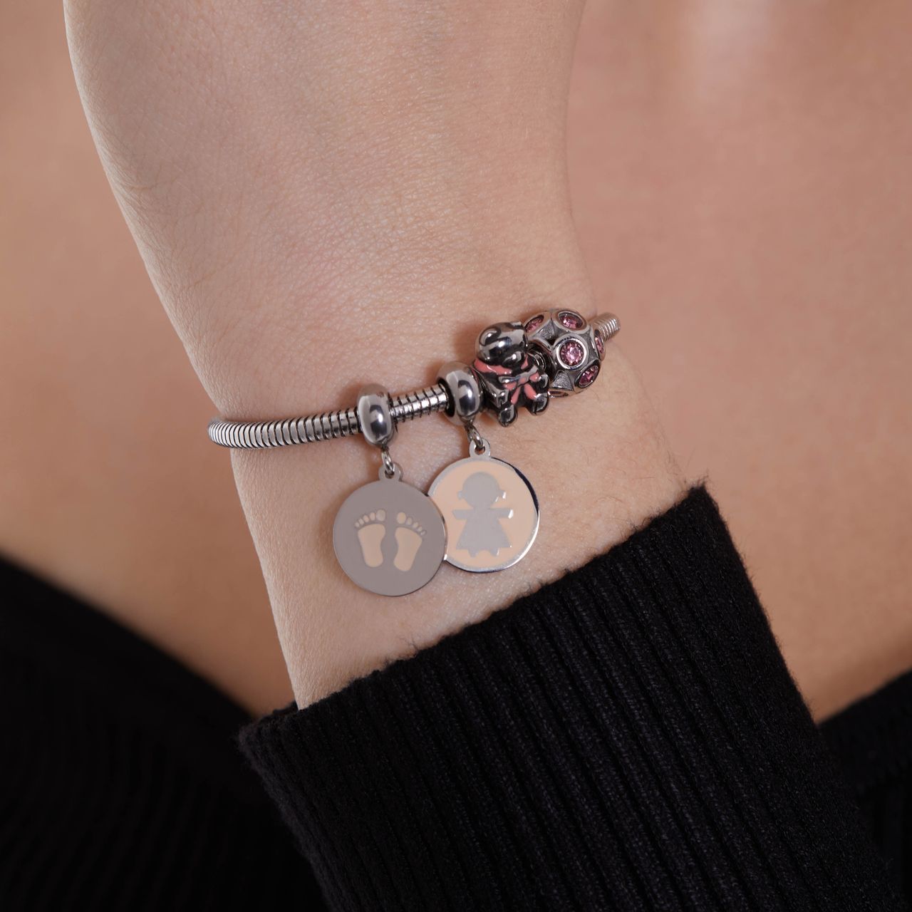Bettelarmband-Anhänger aus Edelstahl, Kugel, mit rosafarbenen Zirkonia