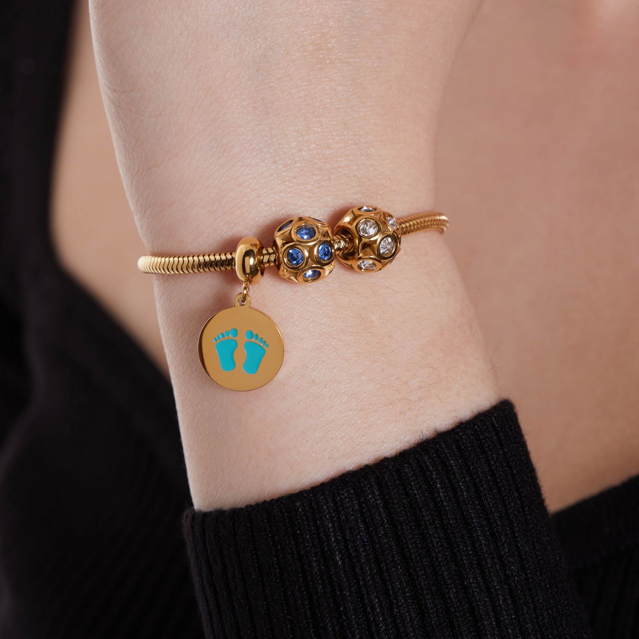 Bettelarmband-Anhänger aus vergoldetem Edelstahl, Kugel, mit blauen Zirkonia