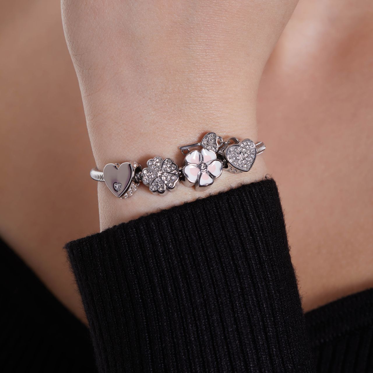 Charm aus Edelstahl Herz und Schlüssel mit Zirkoniabesatz