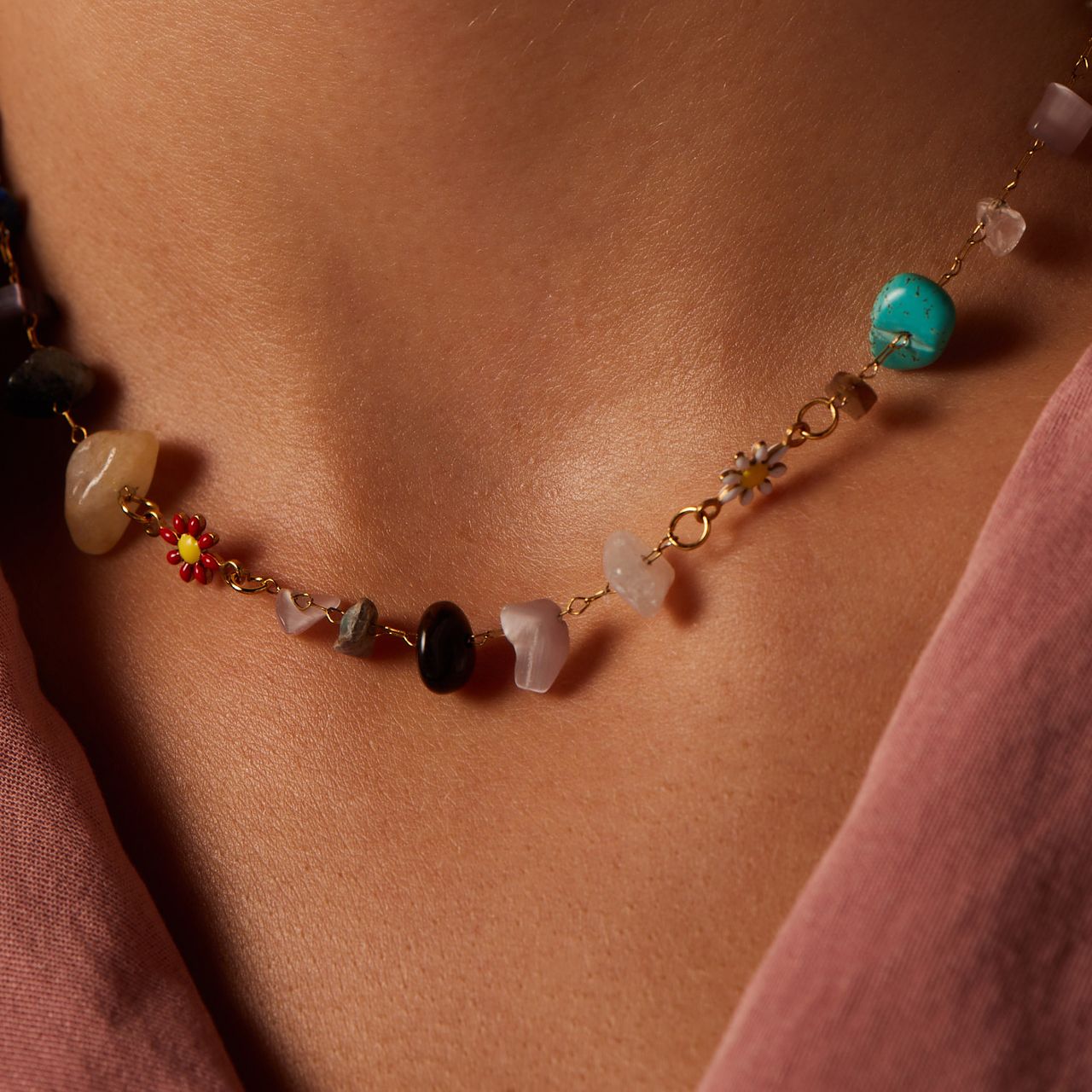 Stalen goldplatedketting met hanger met natuursteen voor dames