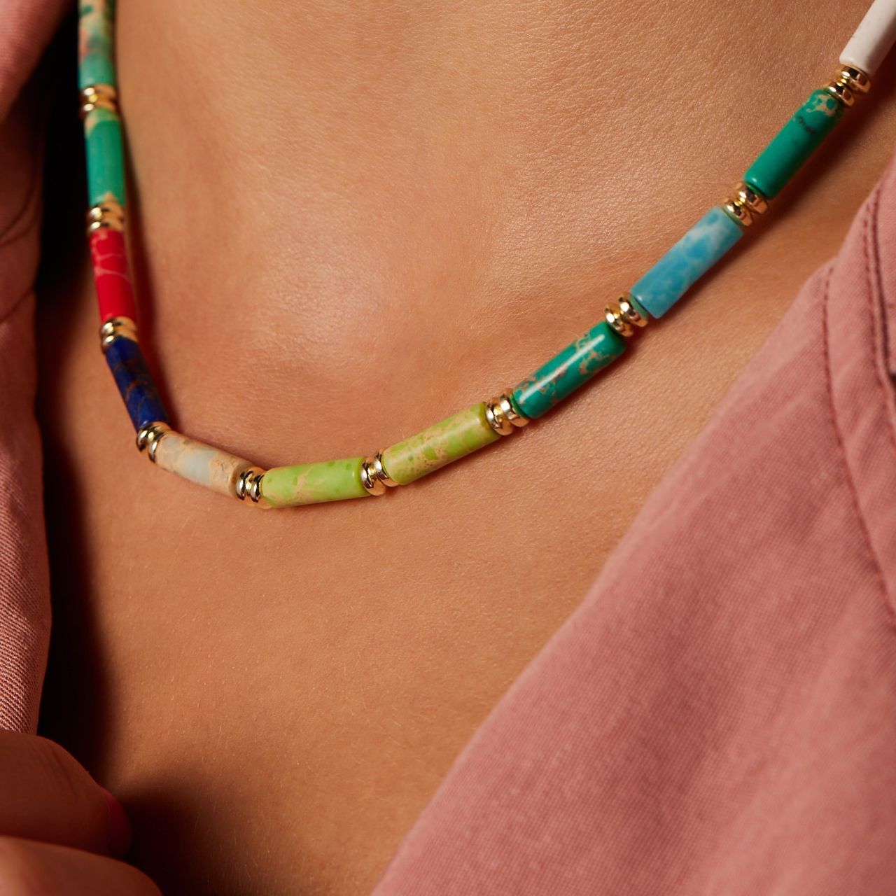 Stainless steel goldplated kralenketting met natuursteen voor dames