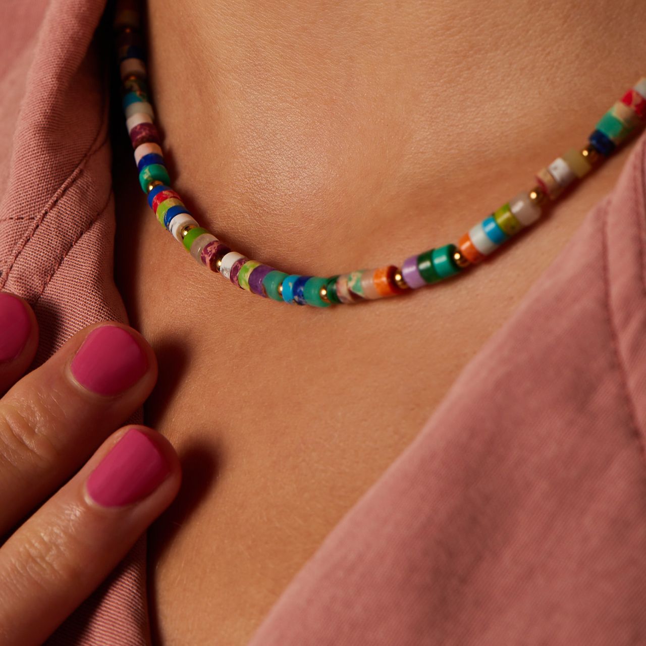 Stainless steel goldplated kralenketting met natuursteen voor dames