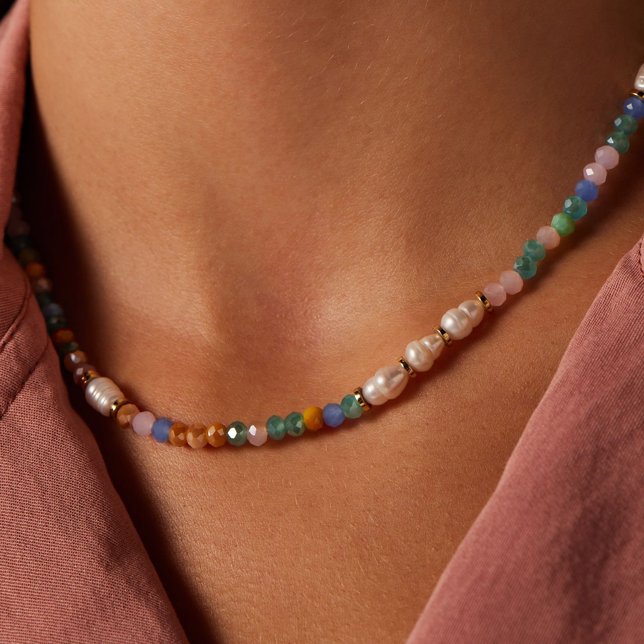 Stalen goldplated kralenketting met parel voor dames