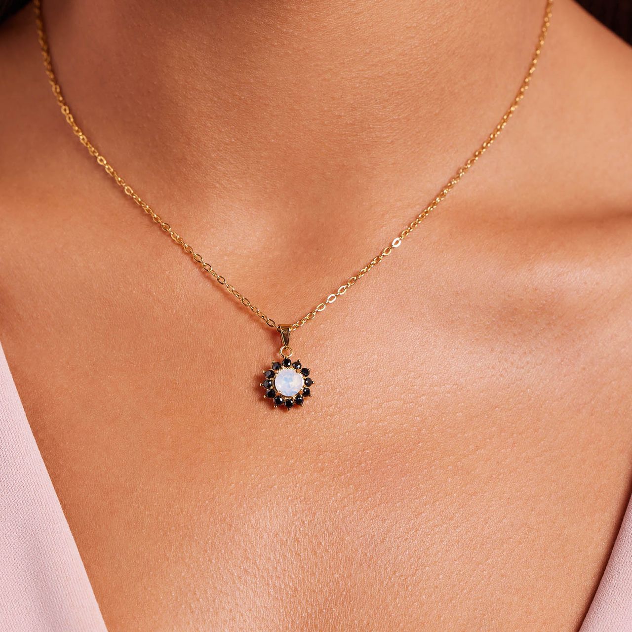 Stainless steel goldplated ketting vintage bloem zw/ro