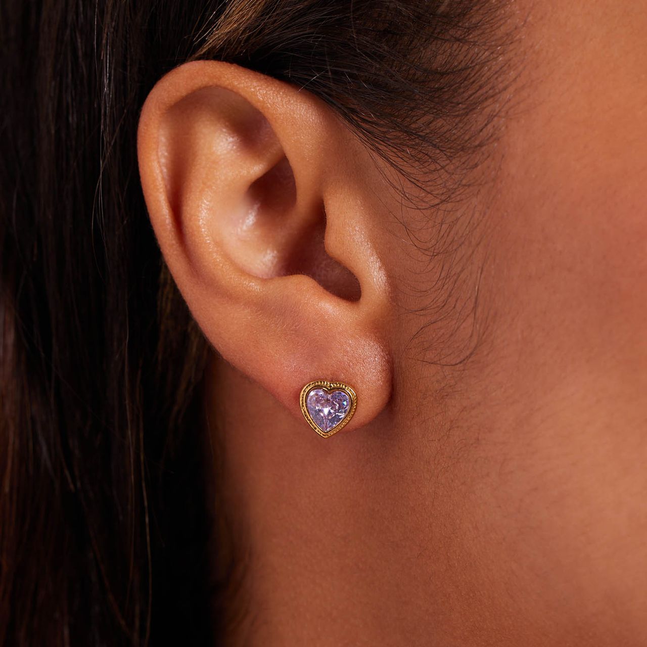 Stainless steel goldplated oorknoppen vintage paars hart voor dames