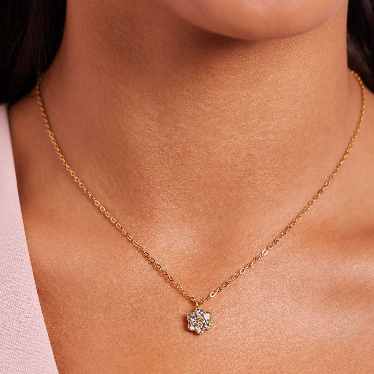 Stalen goldplated ketting met hanger bloem met zirkonia voor dames