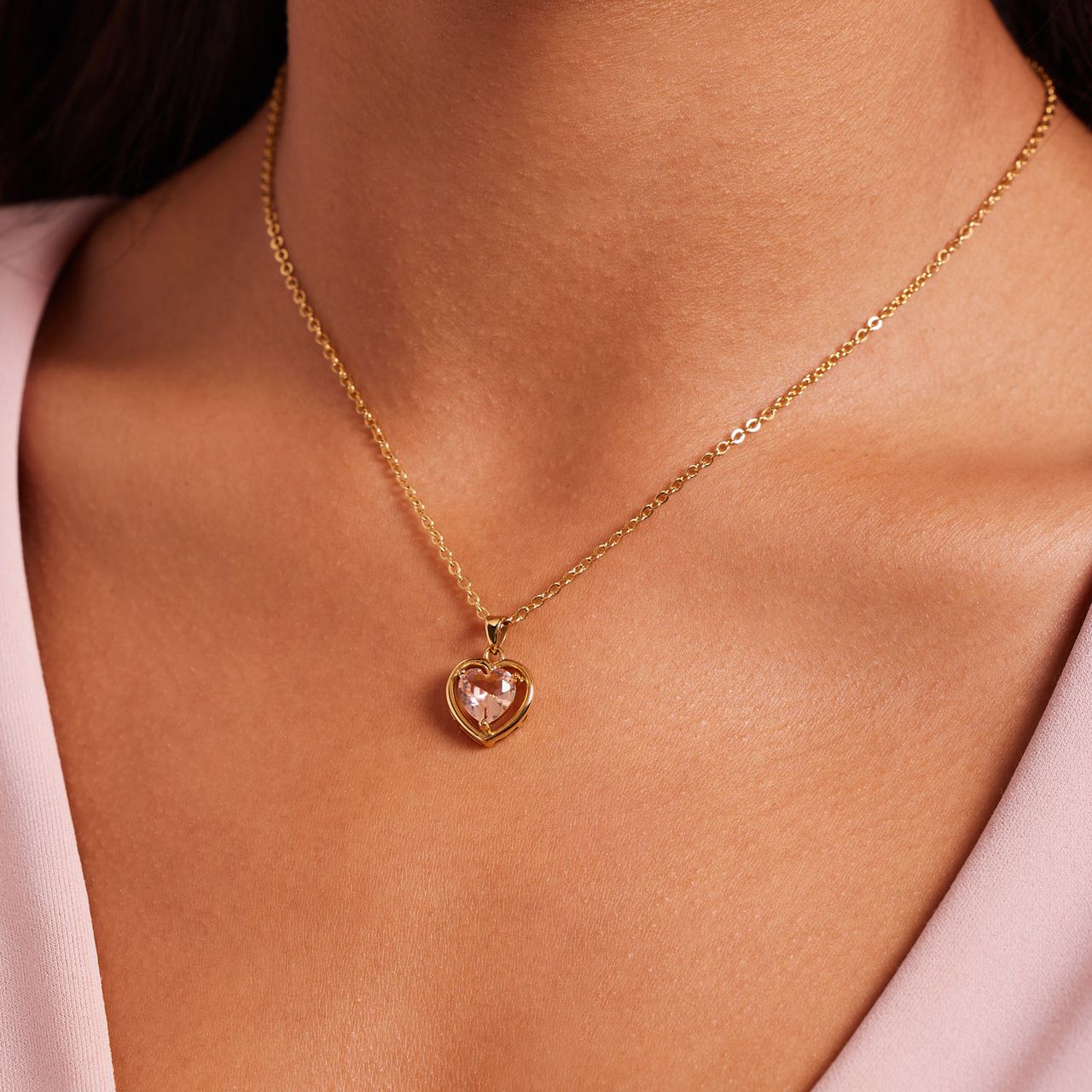 Stalen goldplated ketting met hanger hart met zirkonia voor dames