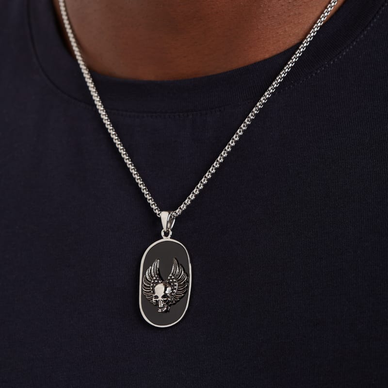 Stainless steel ketting doodskop met vleugels
