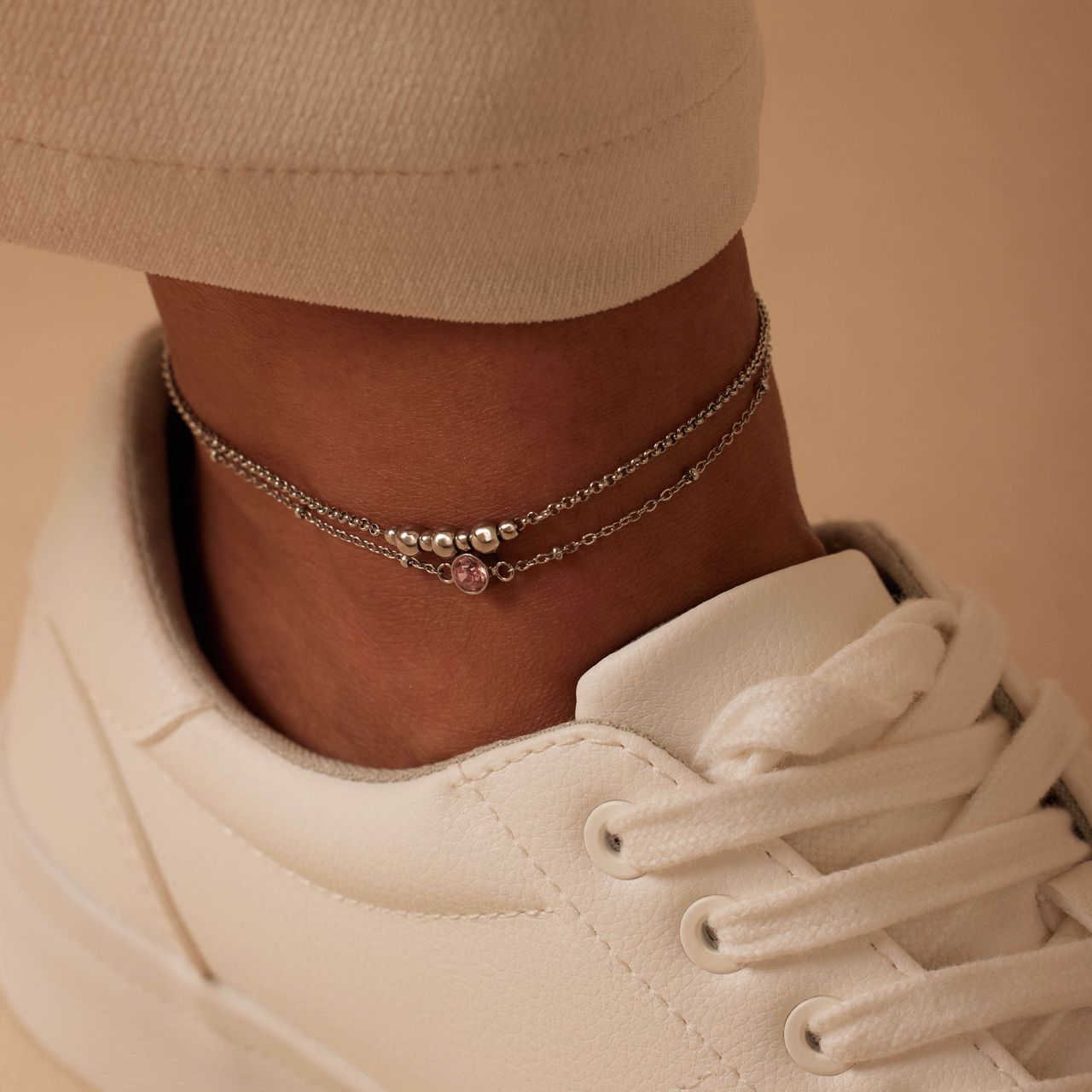 Fußkettchen aus Edelstahl, doppelreihig, mit Stein