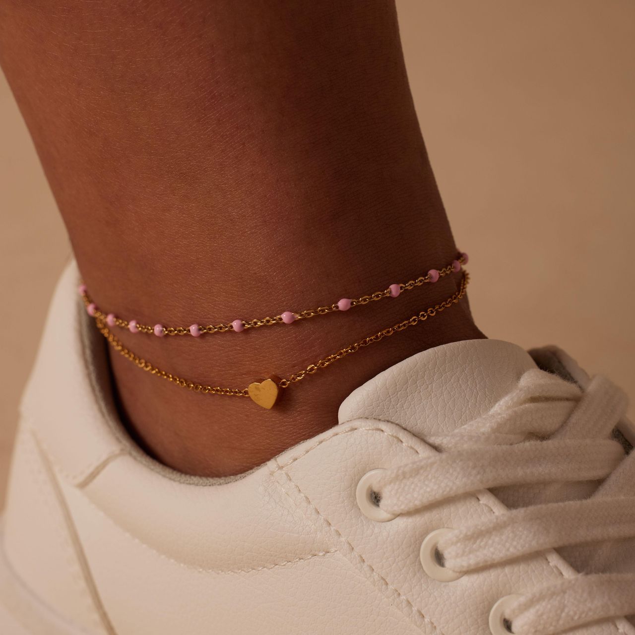 Dubbele goldplated stainless steel enkelbandje met hartje