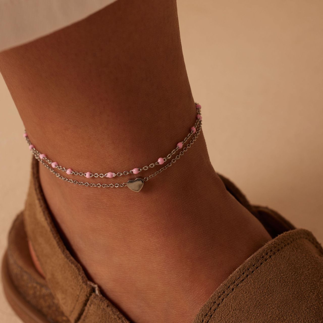 Dubbele stainless steel enkelbandje met hartje