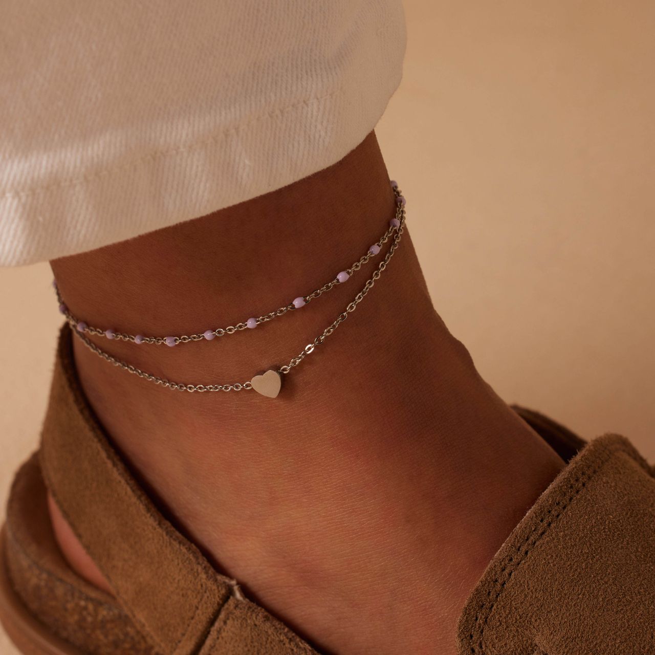 Dubbele stalen enkelbandje met hartje