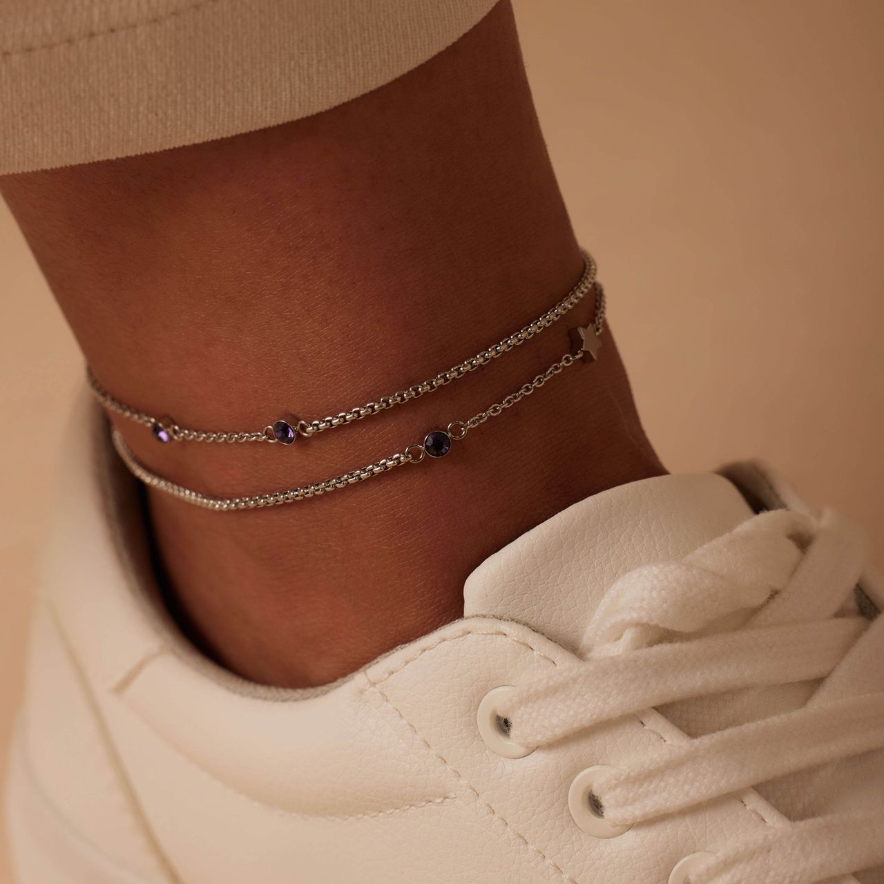 Dubbele stainless steel enkelbandje met steentje