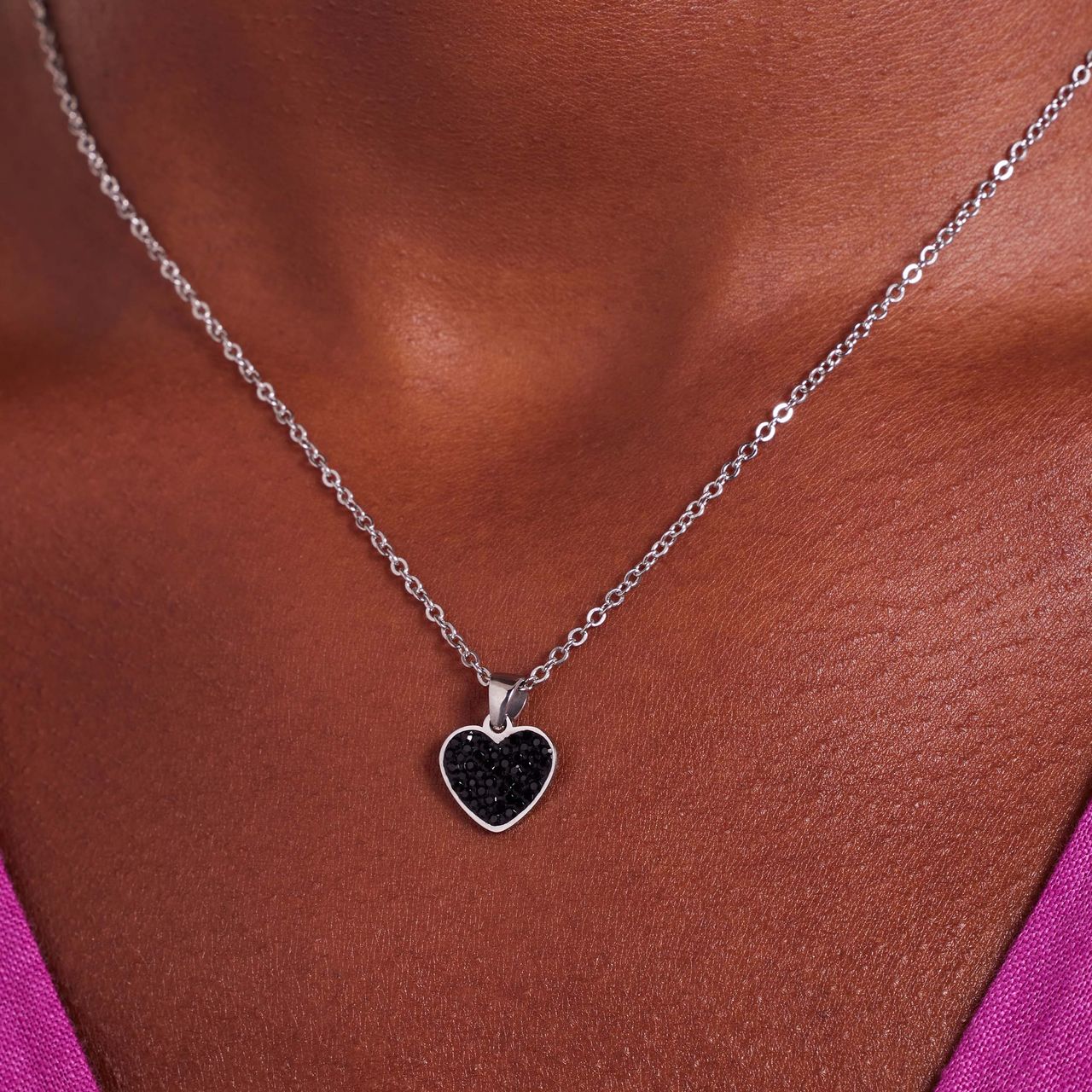 LivLiv stalen ketting hart met kristal zwart voor dames