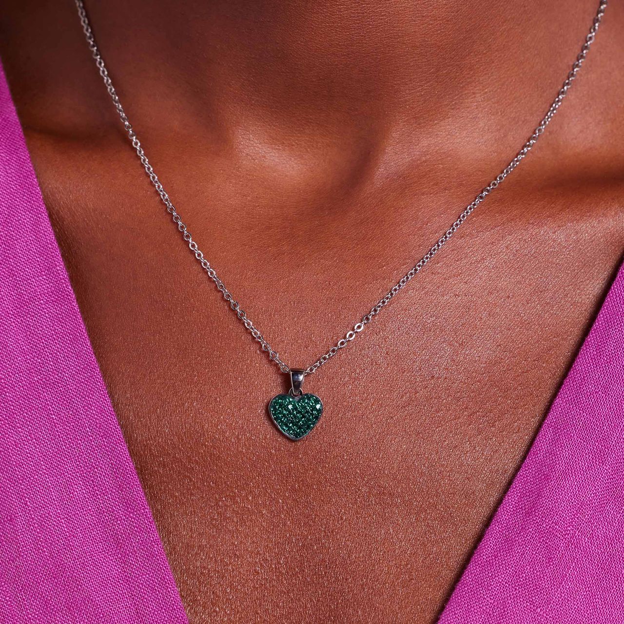 LivLiv stalen ketting hart met kristal emerald voor dames