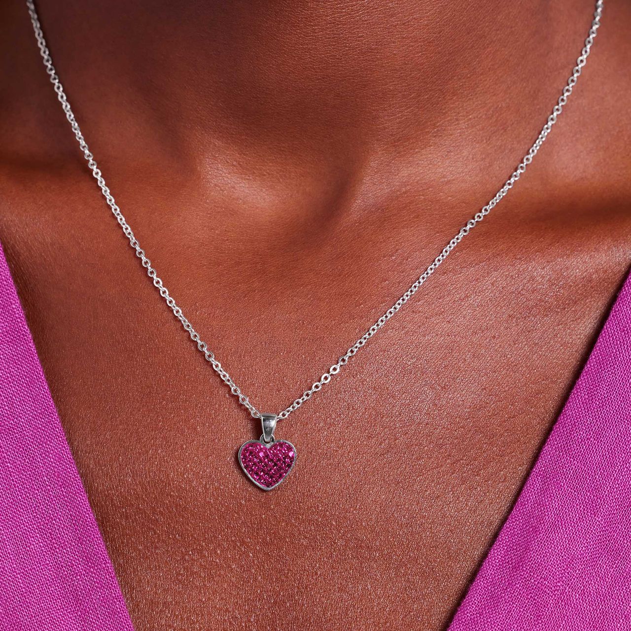 Halskette aus Edelstahl, Herz mit Kristall, Fuchsia