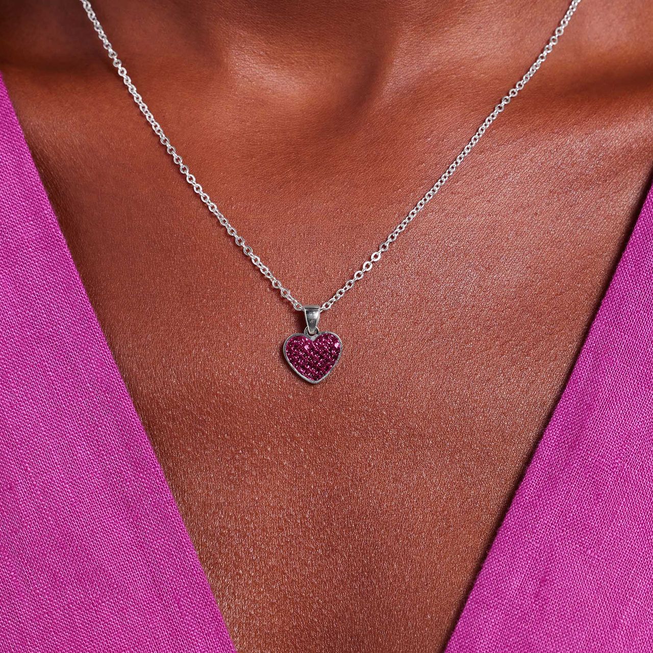 Halskette aus Edelstahl, Herz mit Kristall, Amethystfarben