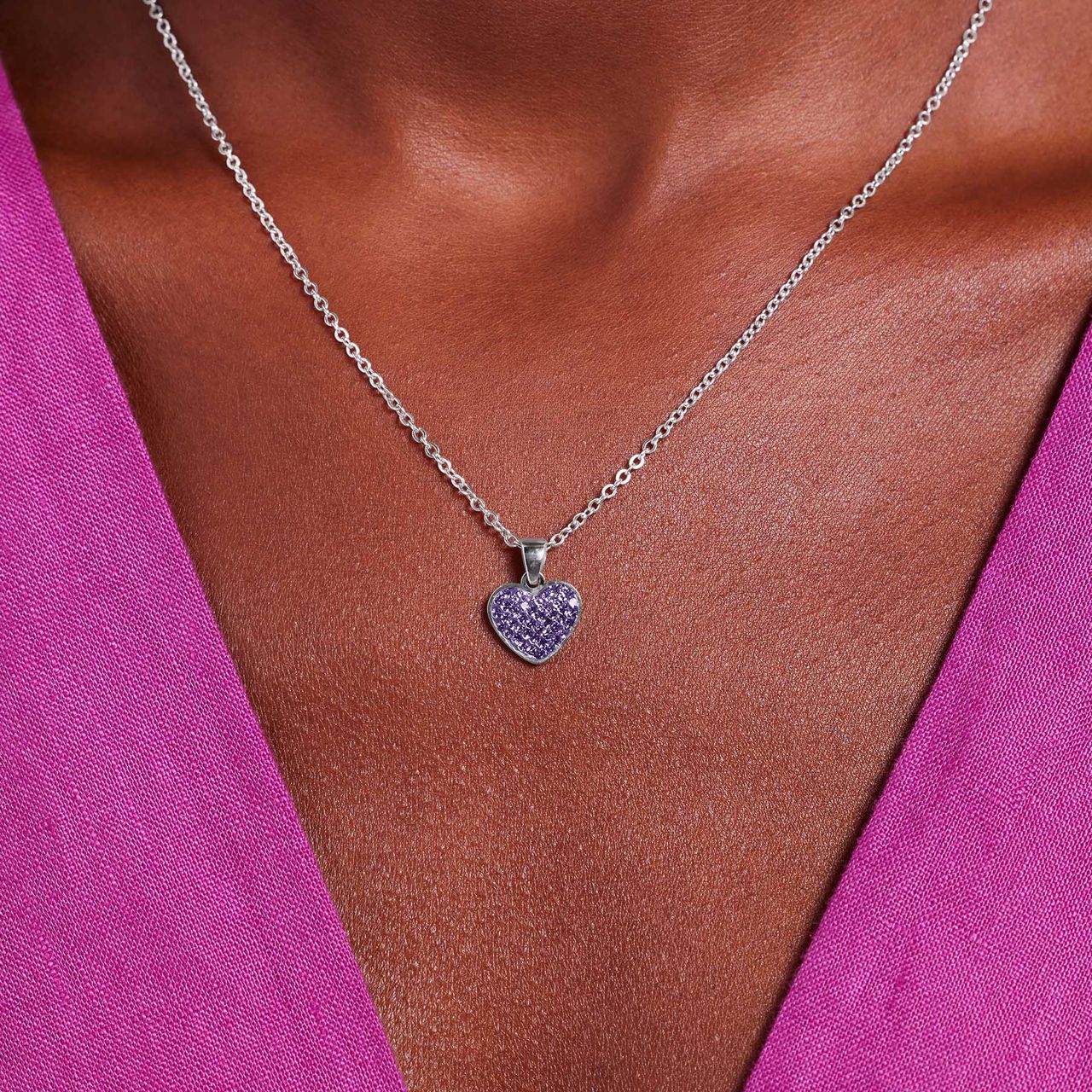 Halskette aus Edelstahl, Herz mit Kristall, Violett