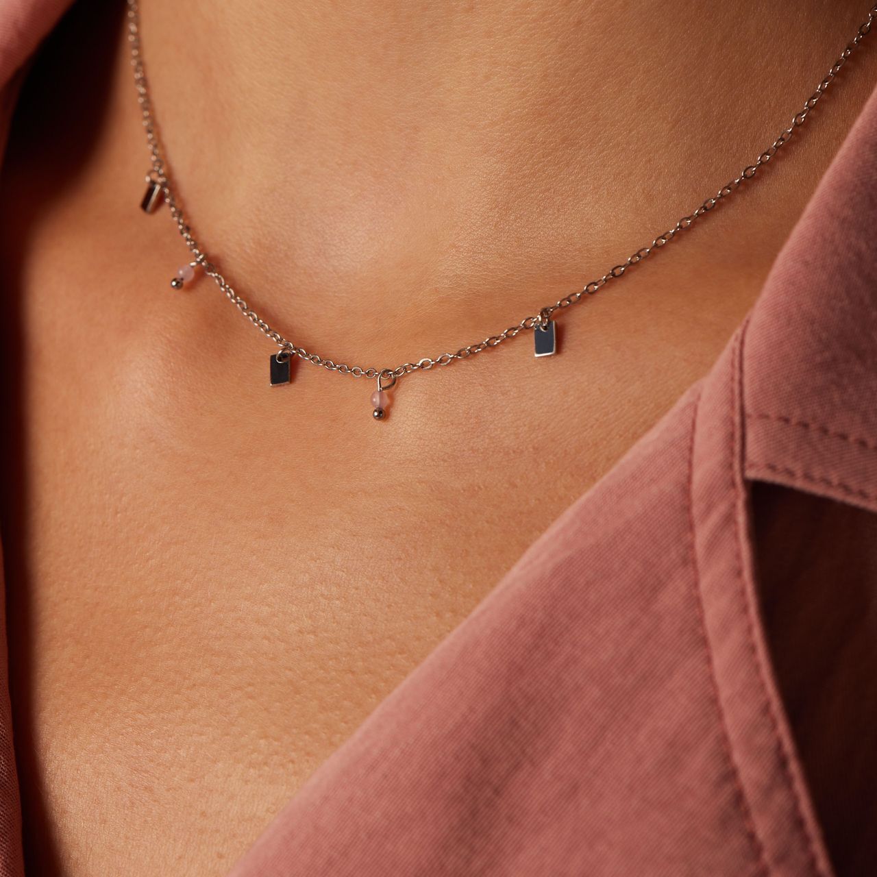 LuLu Jewels stalen ketting met rozenkwarts voor dames