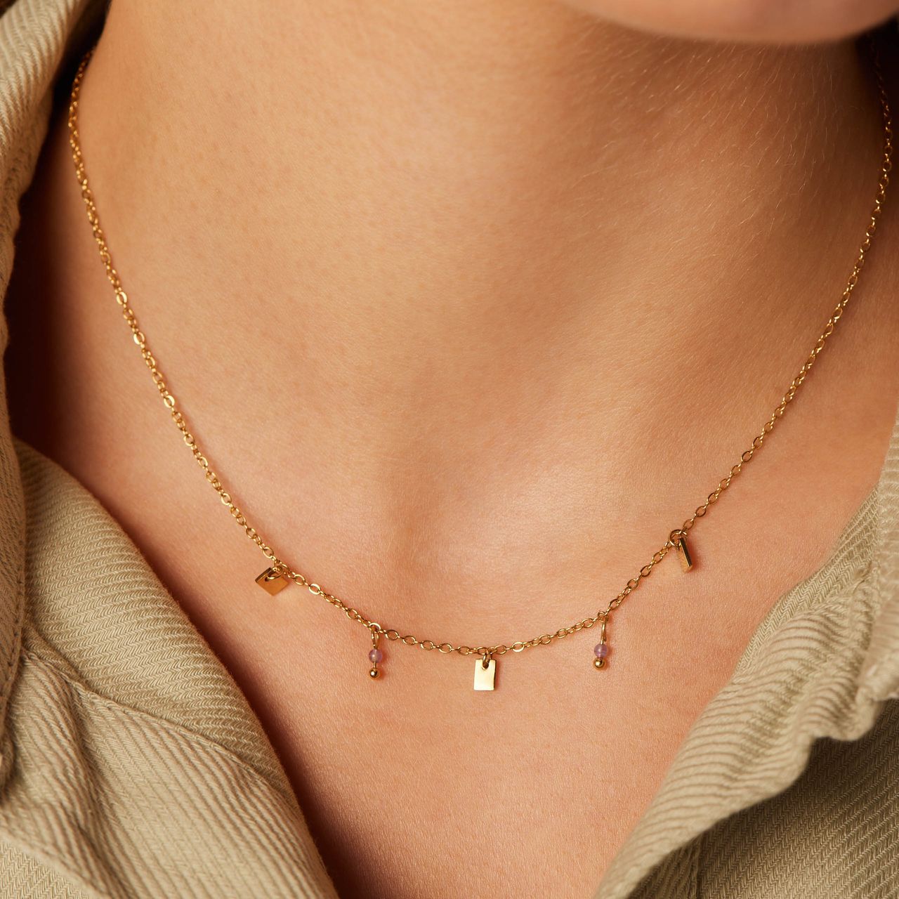 Stalen goldplated ketting met hanger met amethyst voor dames
