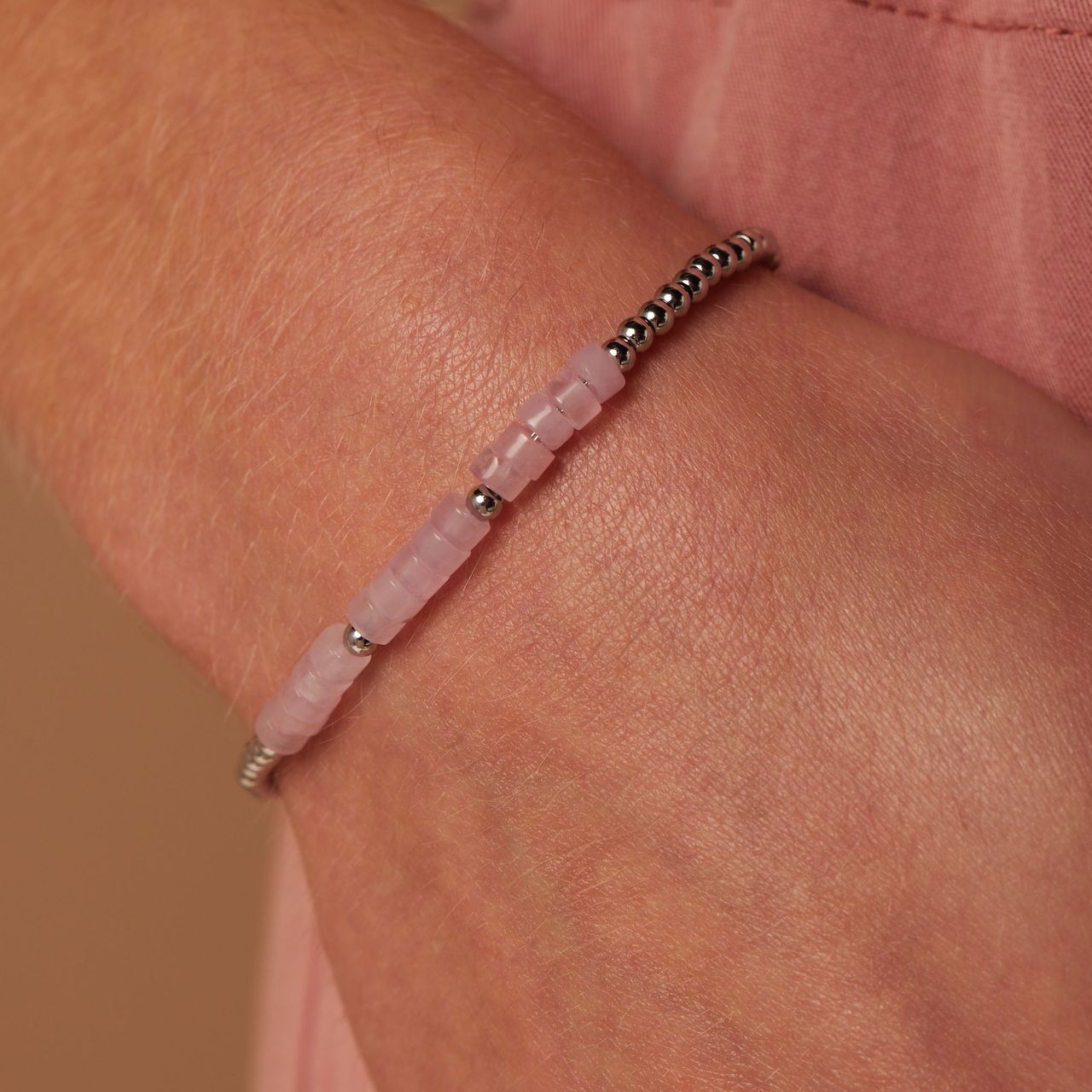 Stainless steel armband met rozekwarts