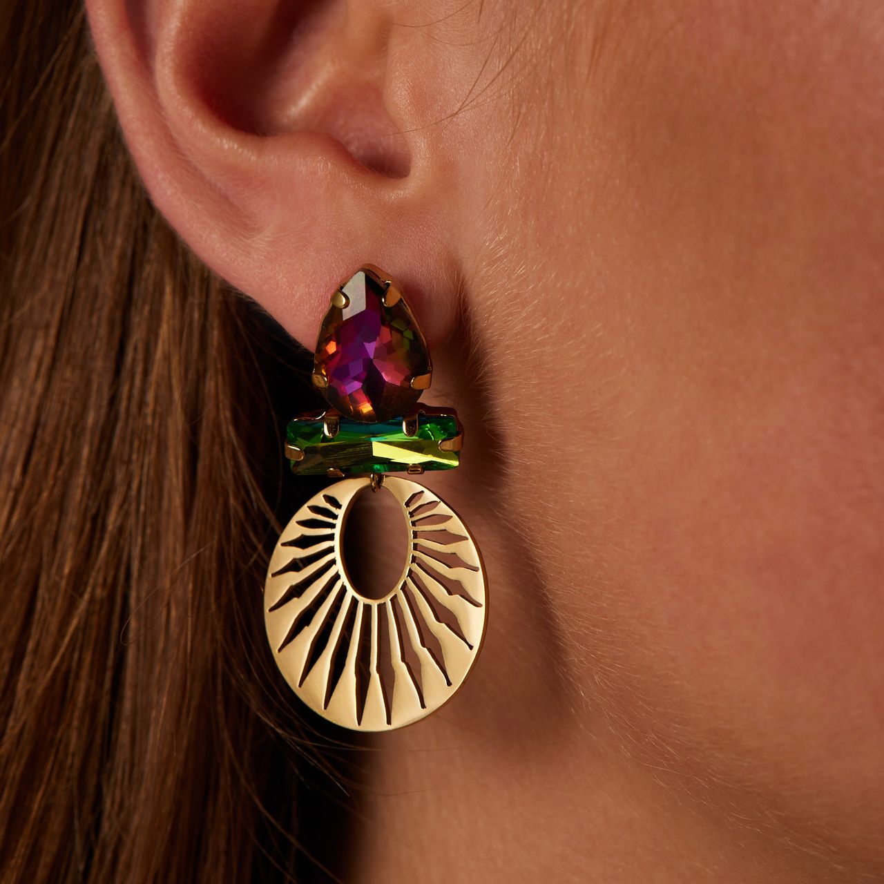 Stainless steel goldplated oorhangers bewerkt multi voor dames