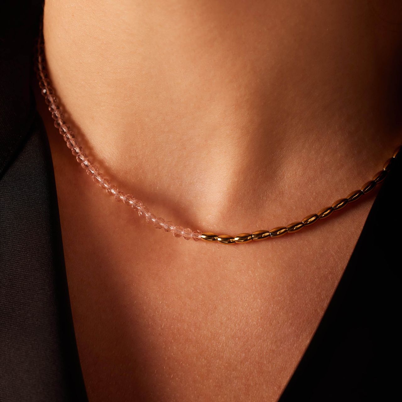 Stainless steel goldplated ketting met roze kralen voor dames