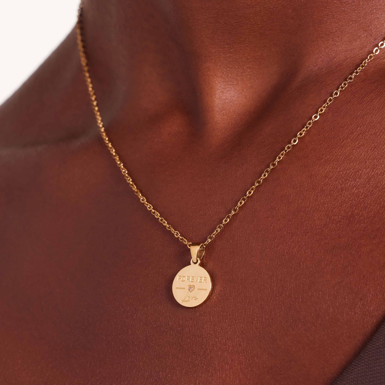 Stalen goldplated ketting met hanger munt met zirkonia voor dames
