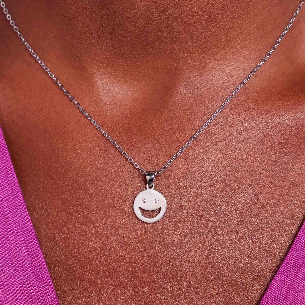 LivLiv stainless steel ketting smiley met roze zirkonia voor dames